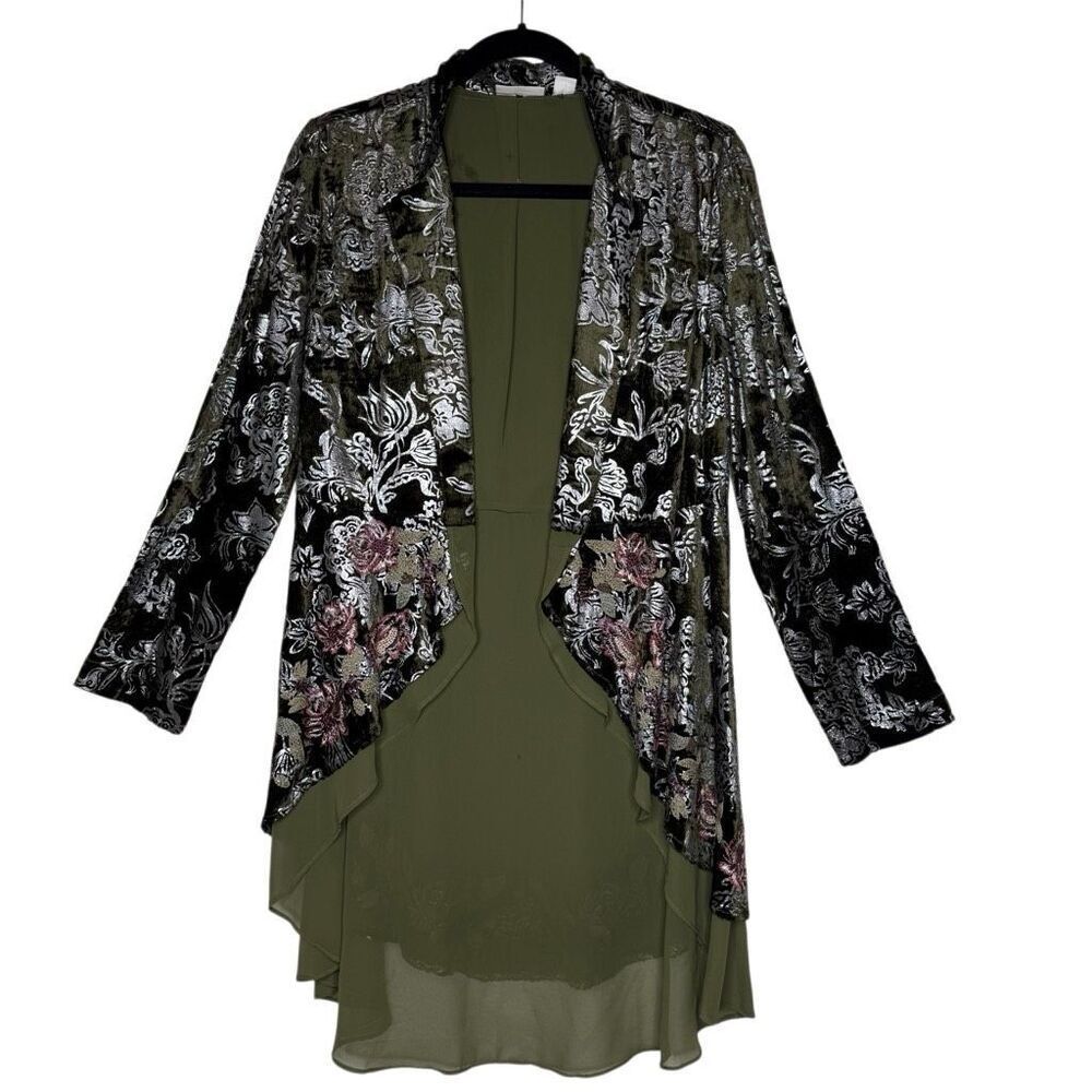 Chico’s Embroidered Deep Olive Green Velvet & Chiffon Layered Jacket Size 0(4/S)